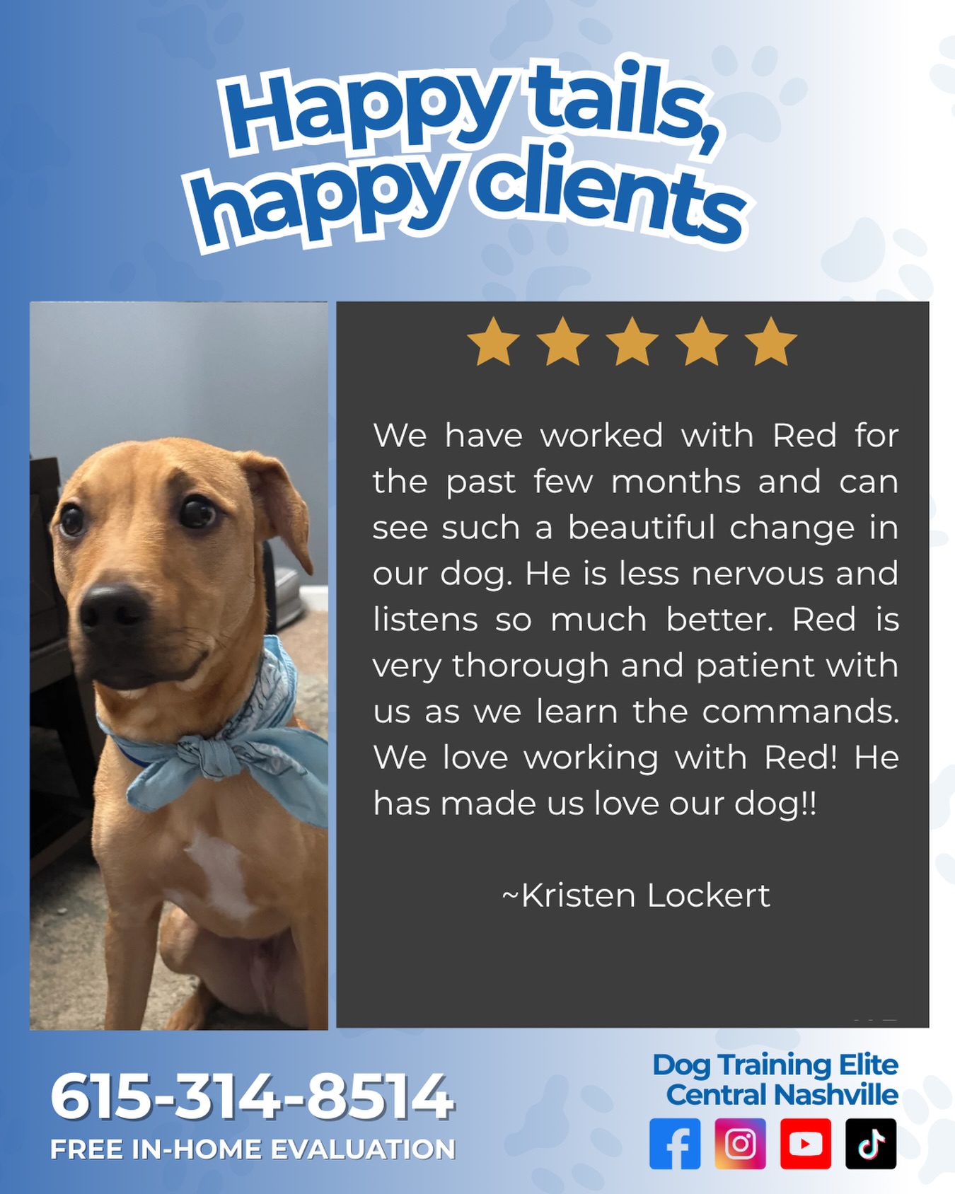 Nothing makes us happier than hearing stories like this 💙🐾

Seeing a dog go from nervous to calm, focused, and responsive is exactly why we do what we do.

Shoutout to Red for the patience, consistency, and care that makes real transformation happen,
and to this amazing pup for putting in the work and trusting the process!

Ready for this kind of progress with your own pup?
📞 Call us at 615-314-8514 to book your FREE ASSESMENT today!

