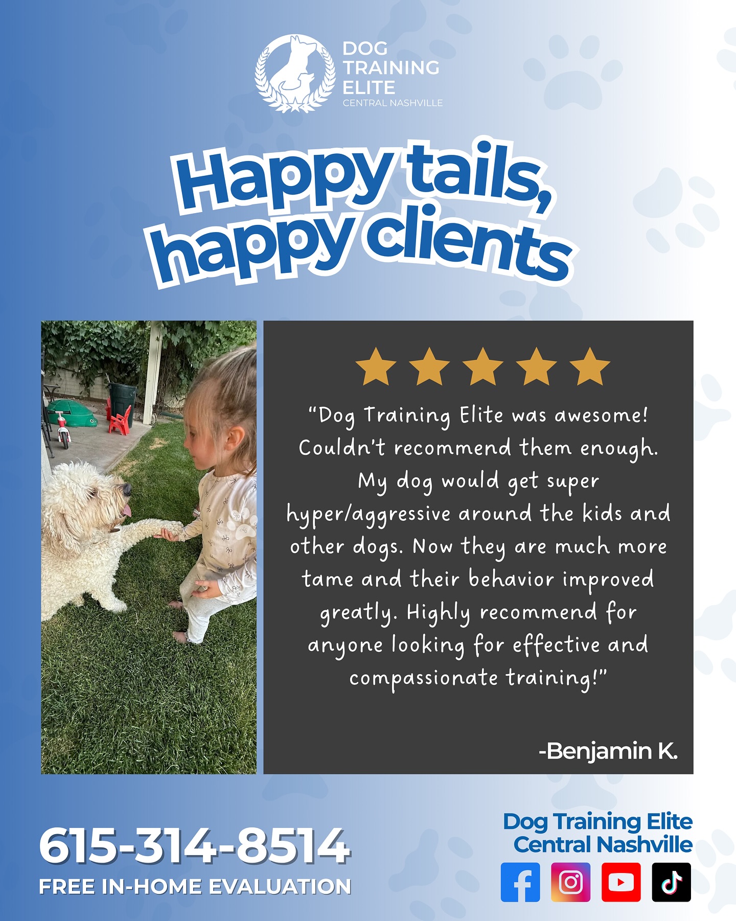 Thank you so much for sharing your experience! We’re really happy to hear that your dog is doing better around the kids and other dogs. That kind of progress is what keeps us doing what we love every day.

We’re so grateful you trusted Dog Training Elite Central Nashville to help. It truly means a lot to our team. 🐶💛

📞 Call us at 615-314-8514 to start your dog’s training journey today!

