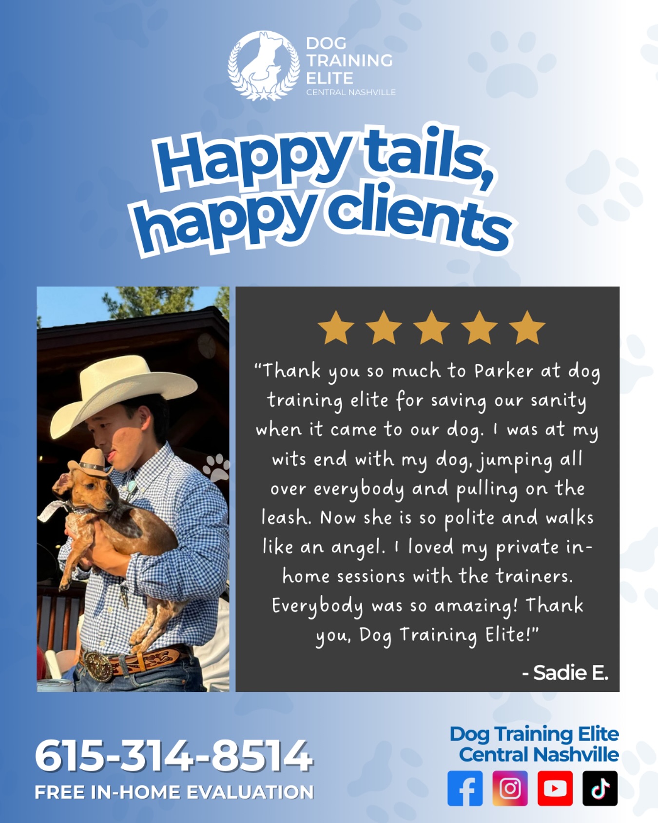 Big thanks to our amazing client for sharing their experience 💙 From jumping and pulling to walking politely like an angel 🐾👏 We’re so glad our private in-home sessions made a difference for you and your pup. 

Thank you for trusting Dog Training Elite Central Nashville with your training journey😊💙

Ready to see the same transformation with your dog? Book your free in-home evaluation today!!!

📞 615 314 8514
🌐 dogtrainingelite.com/nashville

