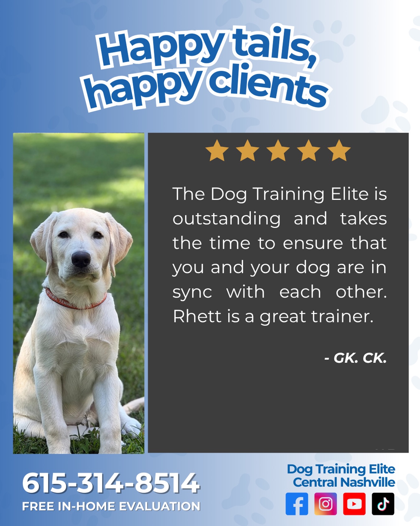 We're so happy to hear you had a great experience with Rhett and our team. Helping dogs and their owners build a stronger connection is what we're all about!

Ready to build a better bond with your dog? Contact us today for a free in-home evaluation! 🐶

