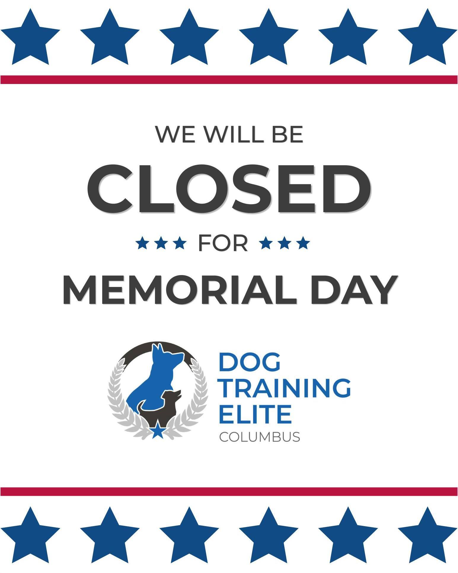 We will be closed Saturday through Monday in observance of Memorial Day weekend. We hope everyone has a safe, relaxing, and meaningful holiday spent with family, friends, and of course, your pups! 🇺🇸

We look forward to seeing everyone next week! 

