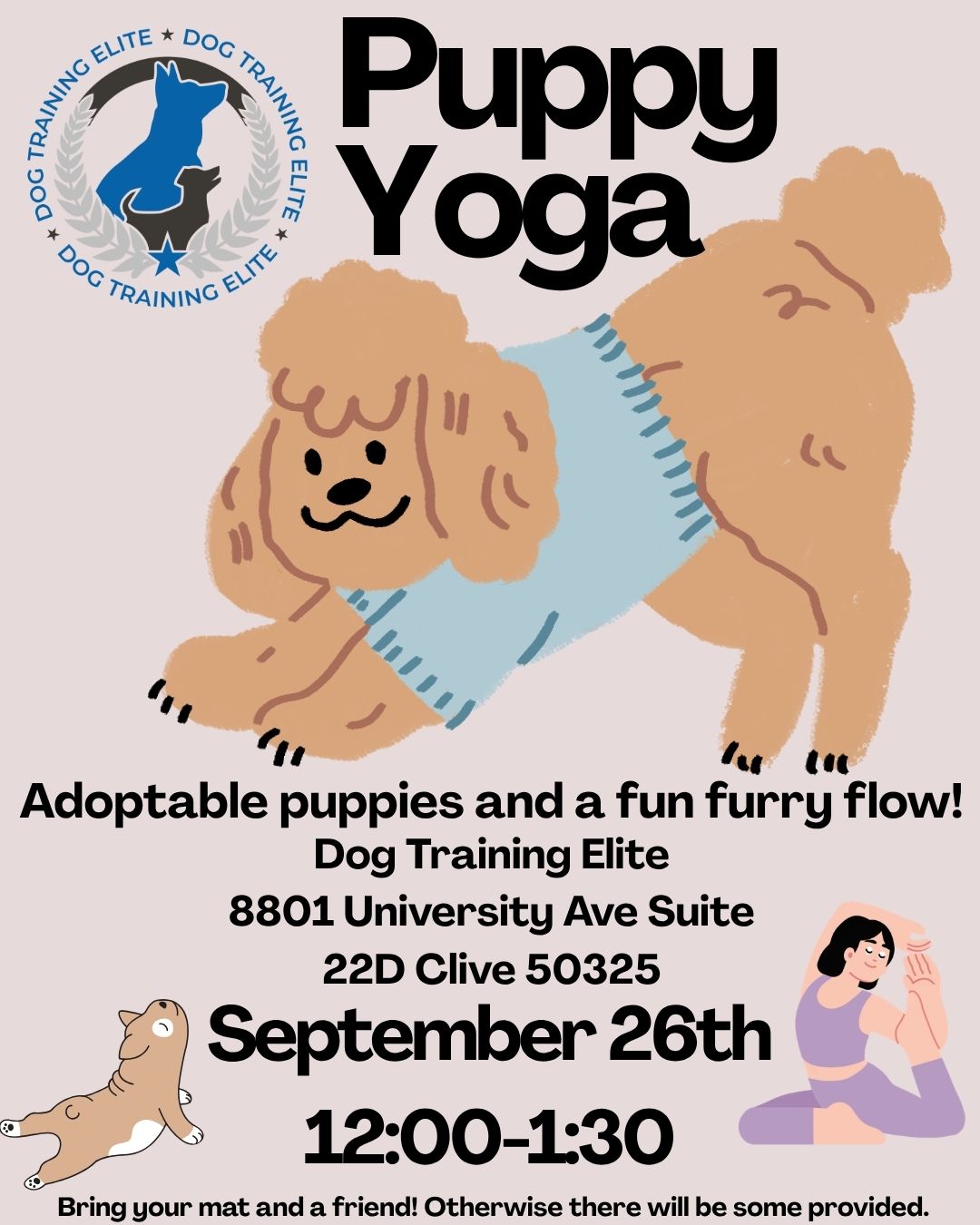 Our exciting news is here! Our first ever Puppy Yoga taught by the amazing Katie Allen from Happy Heart Yoga and Wellness will be September 26th 12:00-1:30 at our facility in Clive. Registration is $30 a person or save on a four pack of class passes and bring some friends! We will have adoptable puppies, tea/coffee, good vibes, and a fun furry flow. Link to register is https://puppyyogaatdogtrainingeli.rsvpify.com DM us with any questions!
