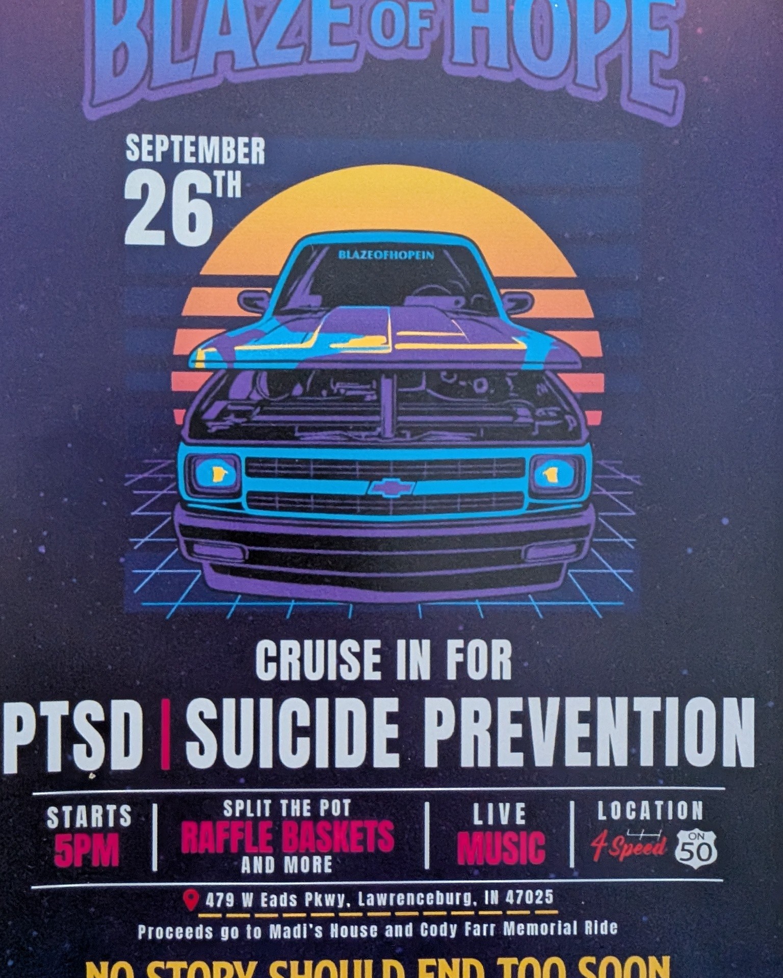 Good Evening DOGDOM!

We have been invited to participate in a great event organized by or friends at Blaze of Hope (IN). This event is designed to assist those whose efforts on their mission for suicide prevention. There are two amazing programs highlighted to share this years contributions.
Cody Farr PTSD Suicide Awareness 
Madi's House

There will be music, raffles, and festivities!


