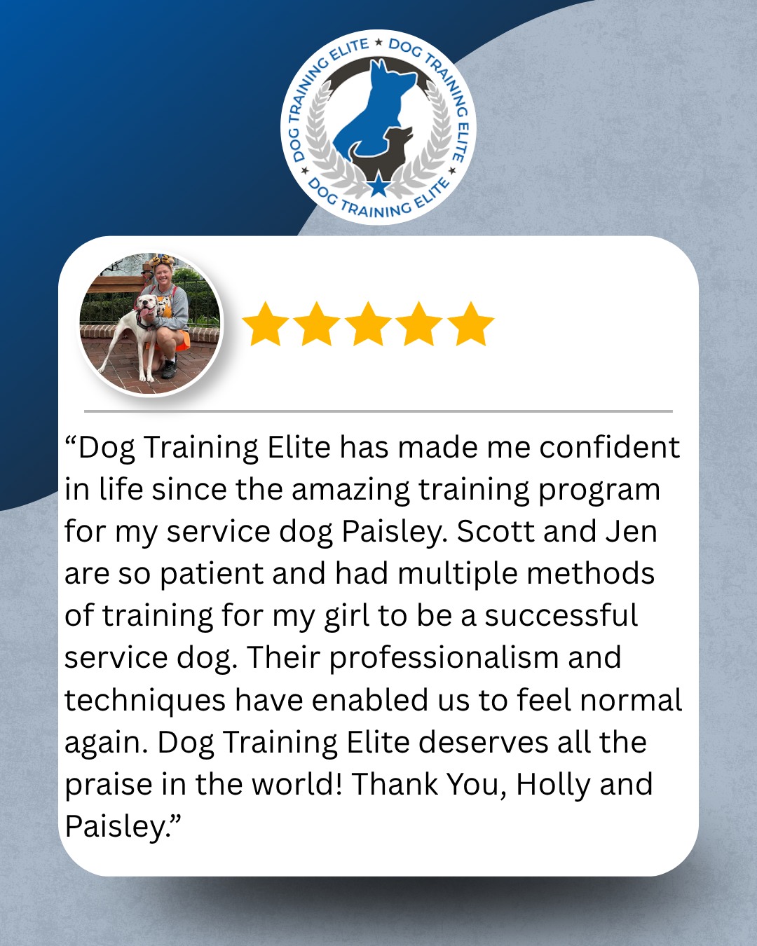 Reviews like this are why National Service Dog Month means so much to us. 💙🐾

For Holly, Paisley&rsquo;s training wasn&rsquo;t simply about learning commands. It helped give her confidence, independence, and the ability to feel normal again.

That&rsquo;s the impact a service dog can have, and we&rsquo;re incredibly grateful Holly trusted us to be part of their journey.

Thank you, Holly & Paisley, for sharing your story with us!

📞 Interested in service dog training? Call or text 513-822-3230 to learn more.

