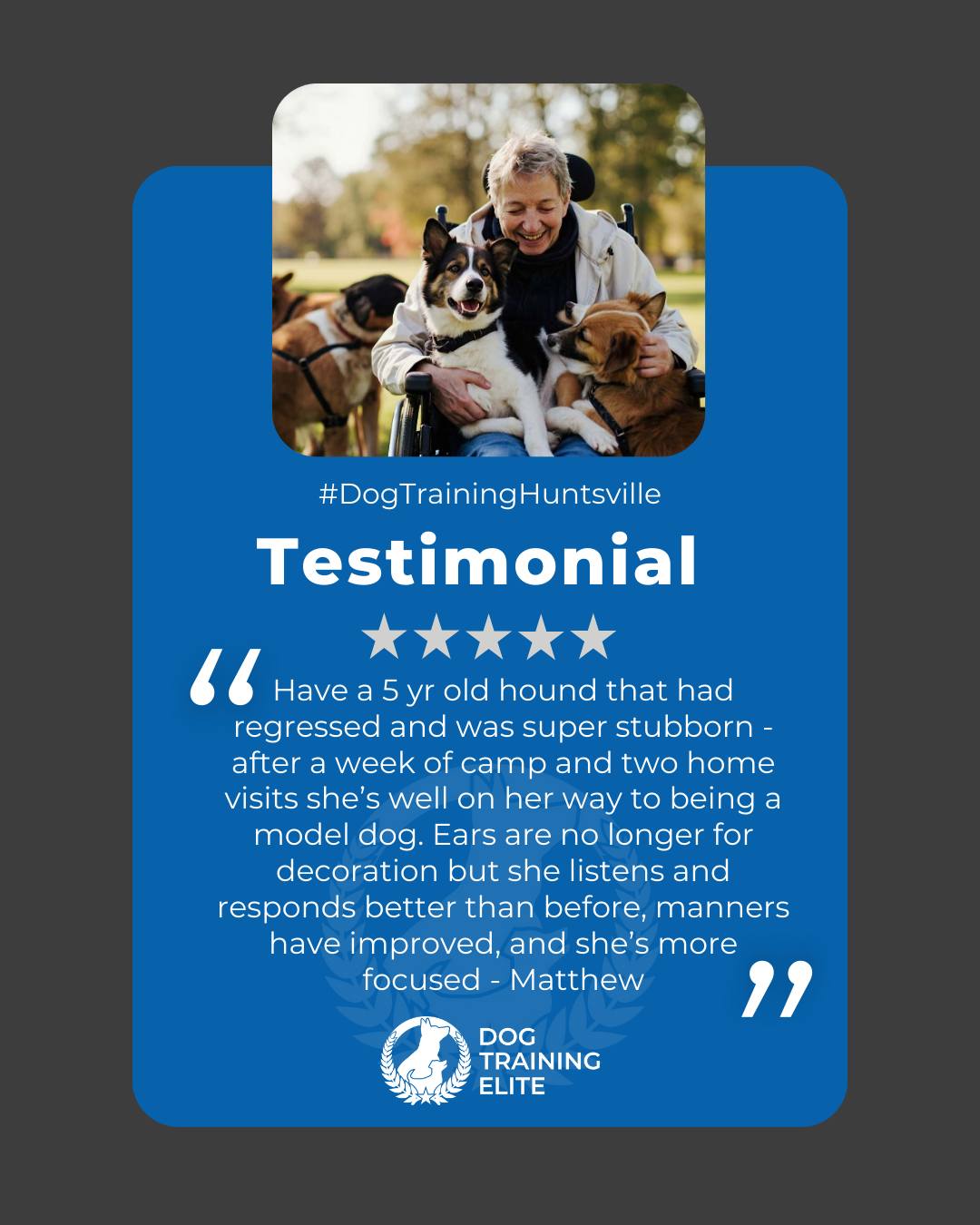 &ldquo;Have a 5 yr old hound that had regressed and was super stubborn - after a week of camp and two home visits she&rsquo;s well on her way to being a model dog. Ears are no longer for decoration but she listens and responds better than before, manners have improved, and she&rsquo;s more focused - Matthew&rdquo;
Review from a happy customer 🐾

Our service dog program helps clients across Madison build independence and security through clear, professional training.

 🎯 From basic obedience to advanced service dog training, Dog Training Elite Huntsville helps dogs near Madison build better behavior and stronger bonds this season. 🐾
 📍 https://maps.app.goo.gl/Mg5GPWjPAqJ1osvy6




