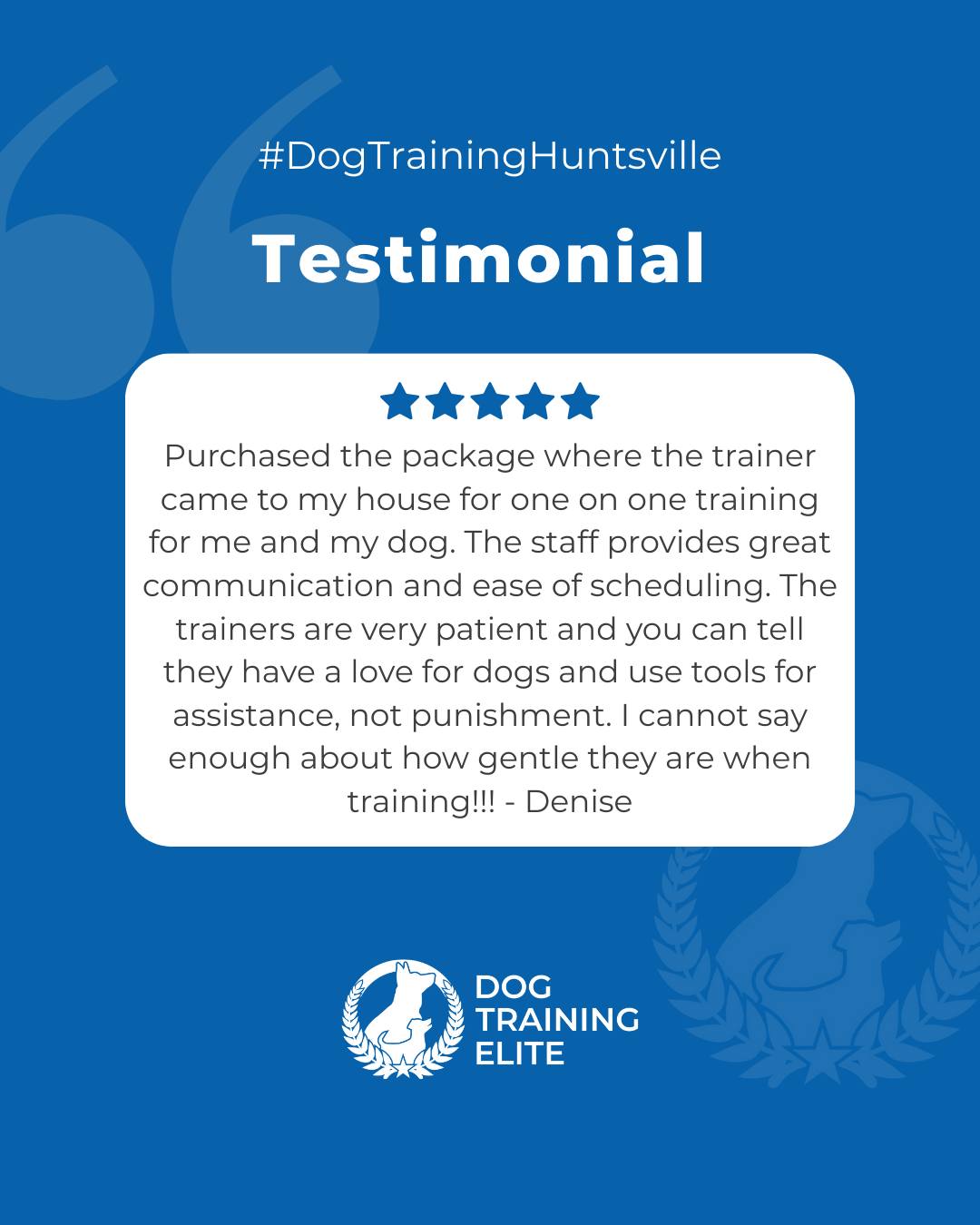 &ldquo;Purchased the package where the trainer came to my house for one on one training for me and my dog. The staff provides great communication and ease of scheduling. The trainers are very patient and you can tell they have a love for dogs and use tools for assistance, not punishment. I cannot say enough about how gentle they are when training!!! - Denise&rdquo;
Review from a happy customer 🐾

Balanced training builds confidence. At Dog Training Elite Huntsville, we help dogs in Huntsville and surrounding areas overcome reactivity, anxiety, and aggression so families can enjoy peace again.

 Make better behavior your first win of the year. Book your free in-home evaluation and see why Huntsville and Madison dog owners choose Dog Training Elite for real, lasting results.
 📍https://maps.app.goo.gl/Mg5GPWjPAqJ1osvy6



