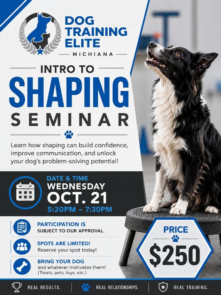 🐾 Our Intro to Shaping Seminar is coming up soon! 🐾
Want to help your dog build confidence, improve communication, and unlock their problem-solving potential? 🧠🐶 Join us for an interactive seminar where you&rsquo;ll learn how shaping can strengthen your bond and help your dog learn in exciting new ways!
📅 Wednesday, October 21st ⏰ 5:30 PM &ndash; 7:30 PM 💲 $250 🐕 Bring your dog and whatever motivates them &mdash; treats, toys, pets, and plenty of praise!
⚠️ Spots are limited, and participation is subject to approval.
📲 Head to your client portal to sign up today! We can&rsquo;t wait to see you and your pup there!
