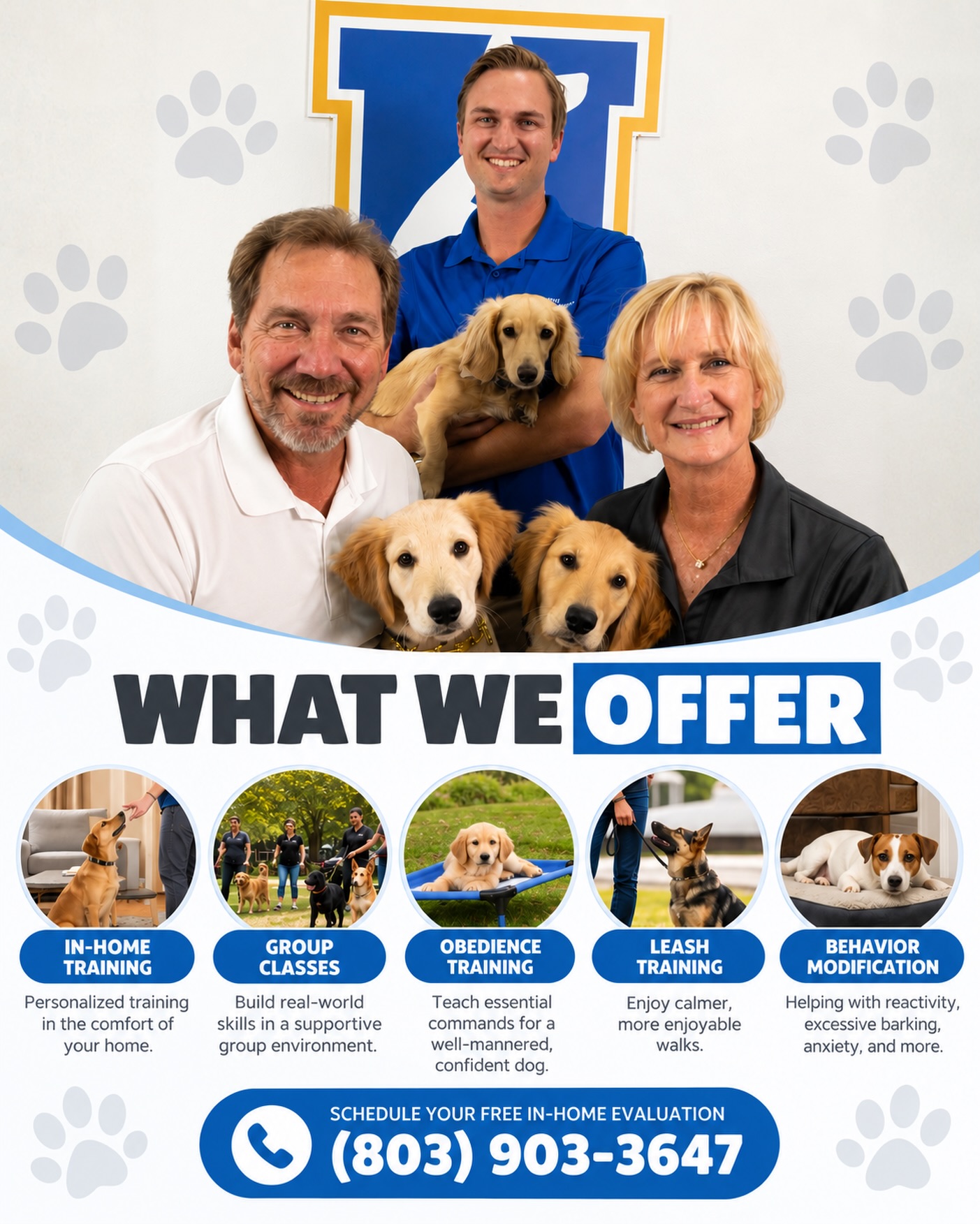 Every dog is different, and so is the training they need. 🐾

From obedience and leash manners to behavior challenges, group classes, and more, we&rsquo;ll work on what matters most for you and your dog.

Not sure where to start? Give us a call and we&rsquo;ll help you figure it out. 💙

📞 (803) 903-3647

