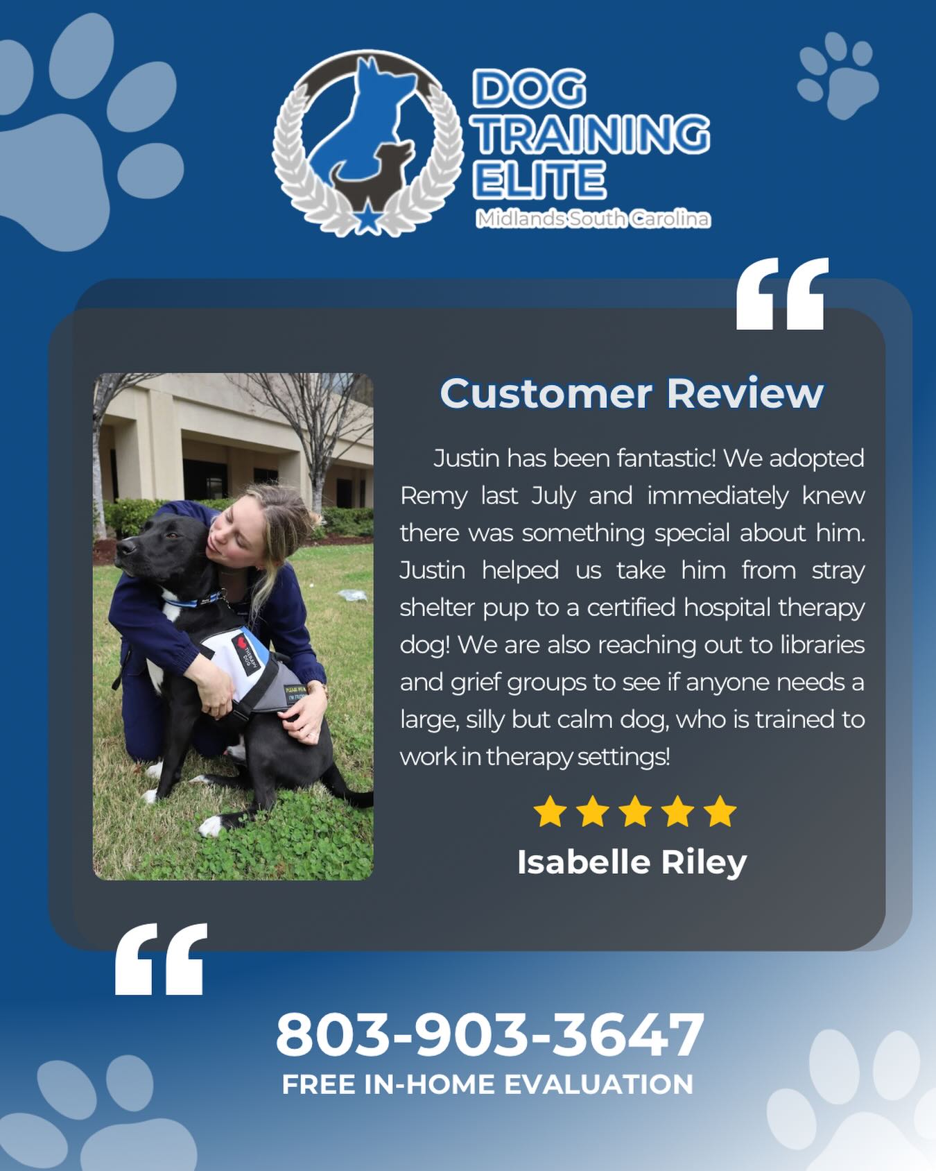 From shelter pup to certified hospital therapy dog 🐾💙

Remy&rsquo;s journey is such a beautiful reminder of what the right training, patience, and support can do. With Justin&rsquo;s guidance, this once stray shelter pup is now bringing calm, comfort, and joy to therapy settings.

Call Dog Training Elite Midlands SC at 803-903-3647 to get started with a FREE ASSESSMENT.

