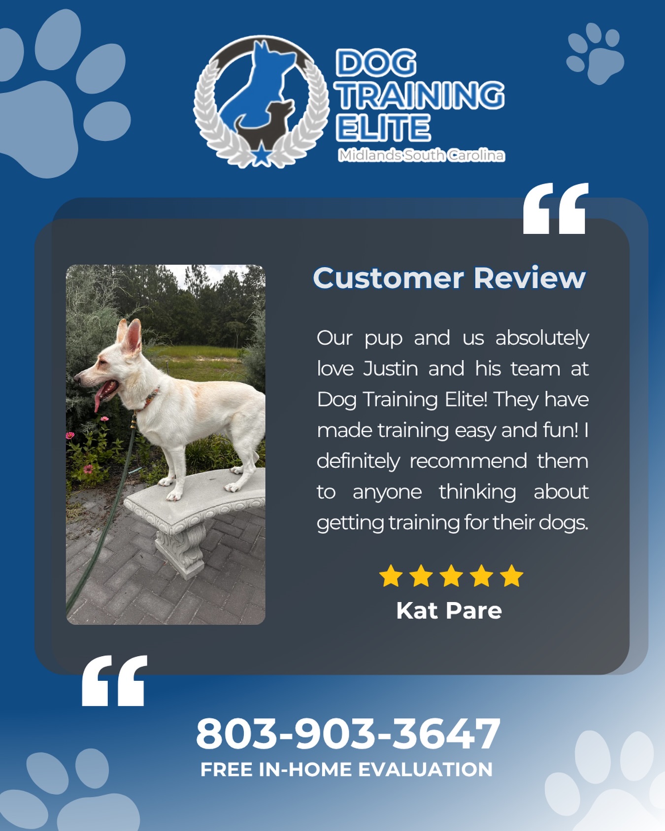 Thank you so much, Kat! ❤️

We're so grateful to have you and your pup as part of the DTE Midlands SC family! Hearing that training has been easy and fun for both of you means the world to us.

Thank you for trusting Justin and our team throughout your training journey. We love watching dogs and their owners grow together, and we're honored to be part of that process.

We appreciate your recommendation and look forward to seeing all the great things you and your pup accomplish together! 🐾💙

&ndash; Your DTE Midlands SC Family 🐶🐾

