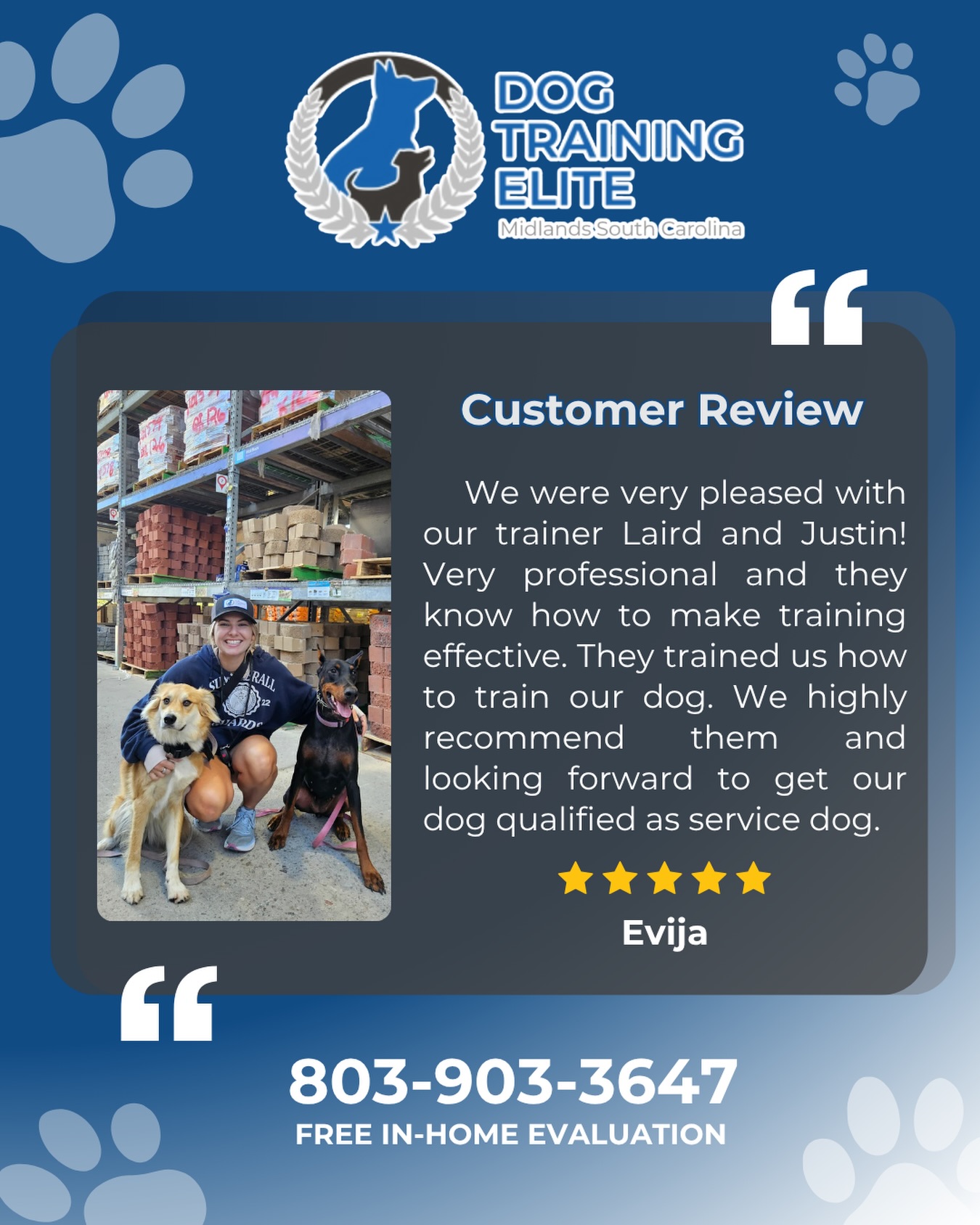 We love hearing stories like this. Laird and Justin made training effective, professional, and easy to follow by teaching both the dog and the owners. We&rsquo;re excited to see this pup continue the journey toward service dog qualification.

Ready to see what your dog can do? Call 803-903-3647 today to get started with your FREE ASSESSMENT.

 