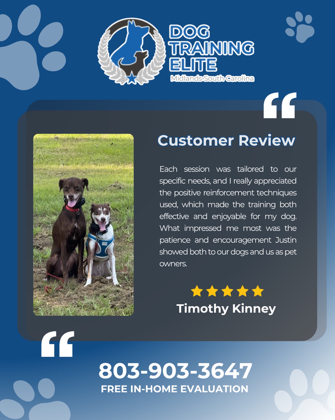 Thank you so much for your kind words and for trusting Justin with your dogs. It means a lot to our team.

Seeing how far they've come, especially knowing one is now working toward becoming a therapy dog, is something we're really proud to be a part of. Thank you for putting in the work and allowing us to be part of your journey.

