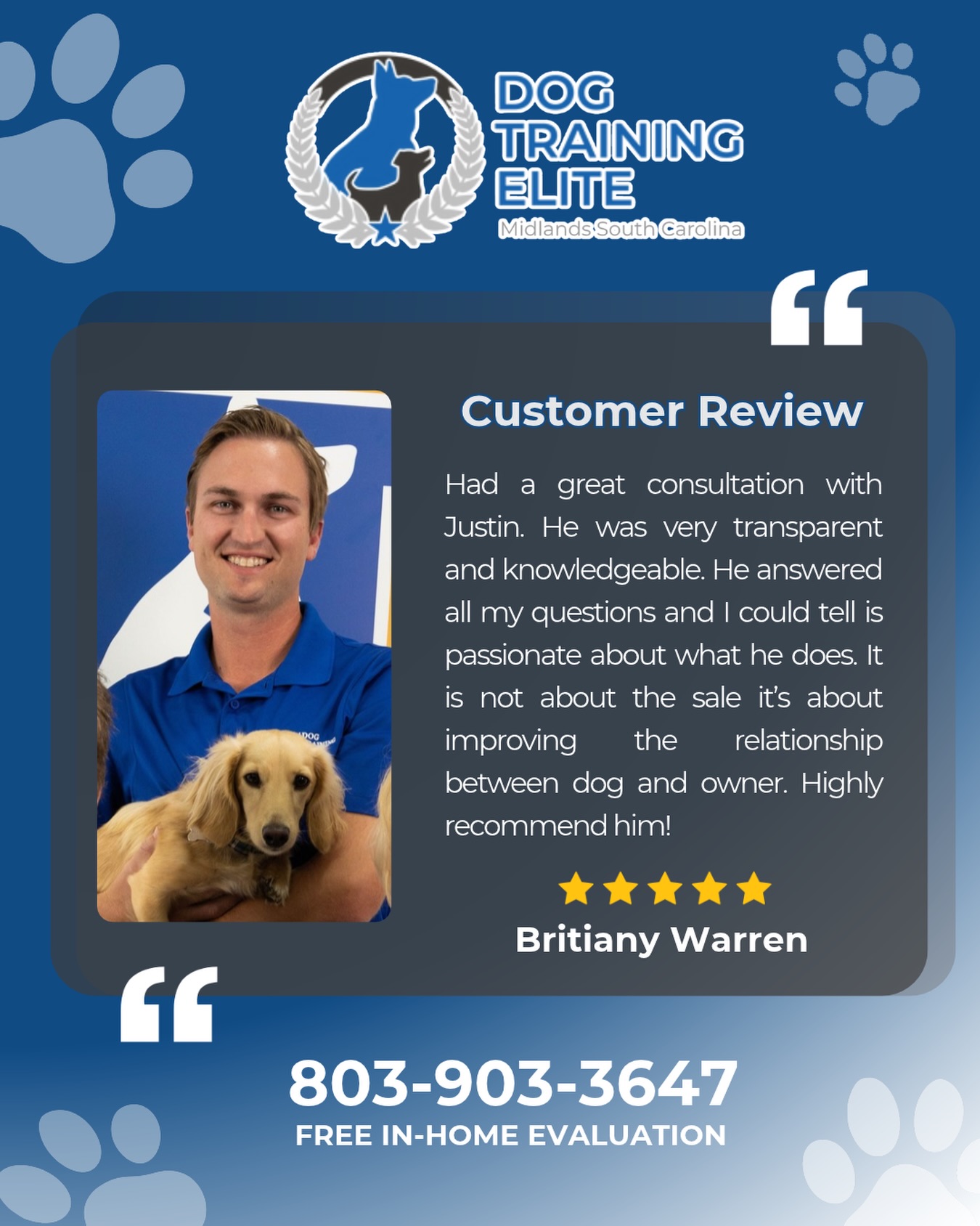 Thank you for this! We love hearing that Justin made such a great impression. He really cares about the dogs and the people he works with, so this means a lot to our team. Thanks again for recommending us! 🐾

