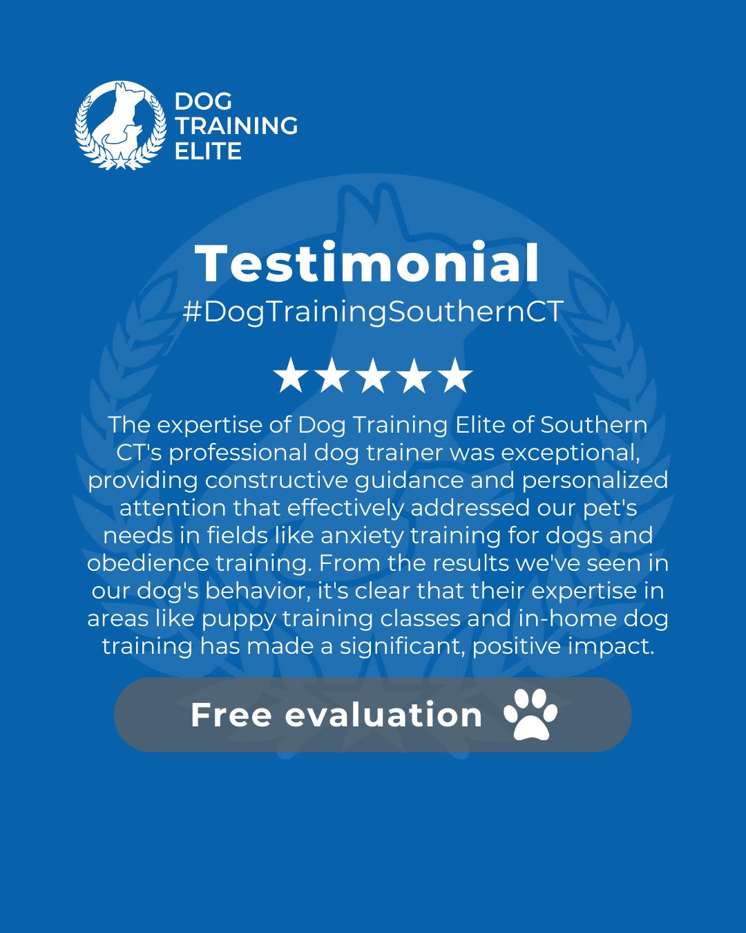 “The expertise of Dog Training Elite of Southern CT's professional dog trainer was exceptional, providing constructive guidance and personalized attention that effectively addressed our pet's needs in fields like anxiety training for dogs and obedience training. From the results we've seen in our dog's behavior, it's clear that their expertise in areas like puppy training classes and in-home dog training has made a significant, positive impact.” – Another DTE success story

At Dog Training Elite of Southern CT, our balanced training builds confident, reliable dogs. From Fairfield to West Hartford (and more!), we help families create structured routines that foster trust and cooperation.

 🎯 From basic obedience to advanced service dog training, Dog Training Elite of Southern CT helps dogs near Stamford build better behavior and stronger bonds this season. 🐾
 📍 https://maps.app.goo.gl/c2E6BZgHhxVCsBJZ9



