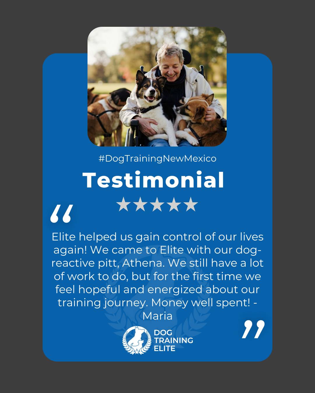&ldquo;Elite helped us gain control of our lives again! We came to Elite with our dog-reactive pitt, Athena. John helped us capitalize on Athena&rsquo;s deep desire to please and, under his guidance, we made significant progress with her in our 5 weeks of classes. As an added plus - Athena loved John and had loads of fun. We still have a lot of work to do, but for the first time we feel hopeful and energized about our training journey. Money well spent! - Maria&rdquo;
Review from a happy customer 🐾

Our service dog program helps clients across Rio Rancho build independence and security through clear, professional training.

 🎯 From basic obedience to advanced service dog training, Dog Training Elite New Mexico helps dogs near Albuquerque build better behavior and stronger bonds this season. 🐾
 📍 https://maps.app.goo.gl/iipdsxXWWx3dKN5Y9




