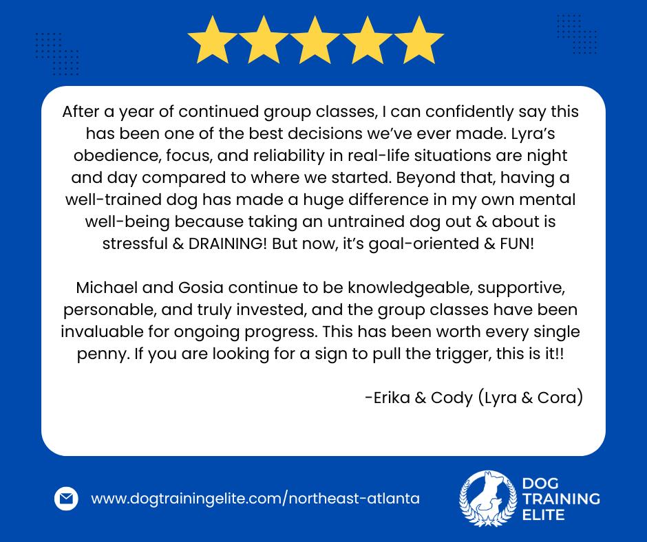 One of the things we&rsquo;re most proud of at Dog Training Elite NE Atlanta is that our relationship with clients doesn&rsquo;t end after a few sessions. Many of our training programs include Lifetime Support and Unlimited Group Classes because real, lasting results come from continued guidance, practice, and community.

This amazing review perfectly captures why we believe in a long-term, holistic approach to dog training. Seeing dogs like Lyra continue to grow in confidence, reliability, and focus long after their initial training is exactly why we do what we do.

A well-trained dog doesn&rsquo;t just make life easier &mdash; it changes your everyday experience together. Outings become less stressful, more enjoyable, and something you actually look forward to.

We&rsquo;re incredibly grateful for families like this who continue showing up, putting in the work, and trusting us to be part of their journey for the long haul. ❤️

If you&rsquo;re looking for more than a quick fix and want real support that lasts for the life of your dog, we&rsquo;d love to help.

