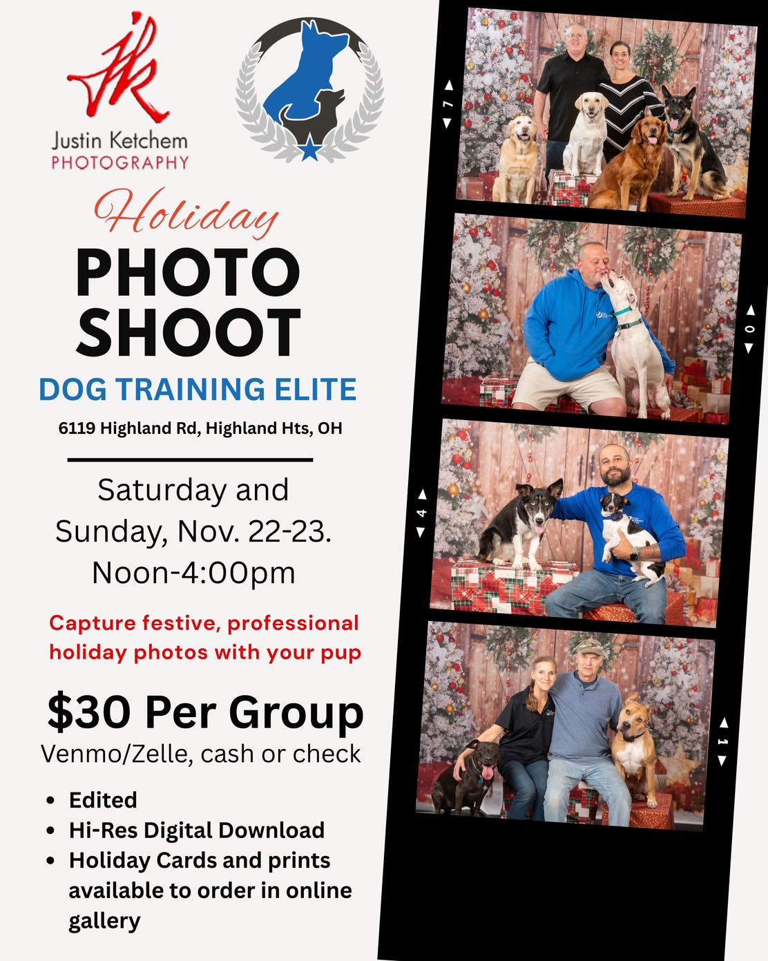 Hello Everyone!  The Holidays are here and we are thrilled to share our facility with a great photographer and great friend.  Justin will be taking family photos with your K9 family members this weekend (Saturday:Sunday) November 22 & 23 from 12-4.  Come take a great Holiday Family photo!