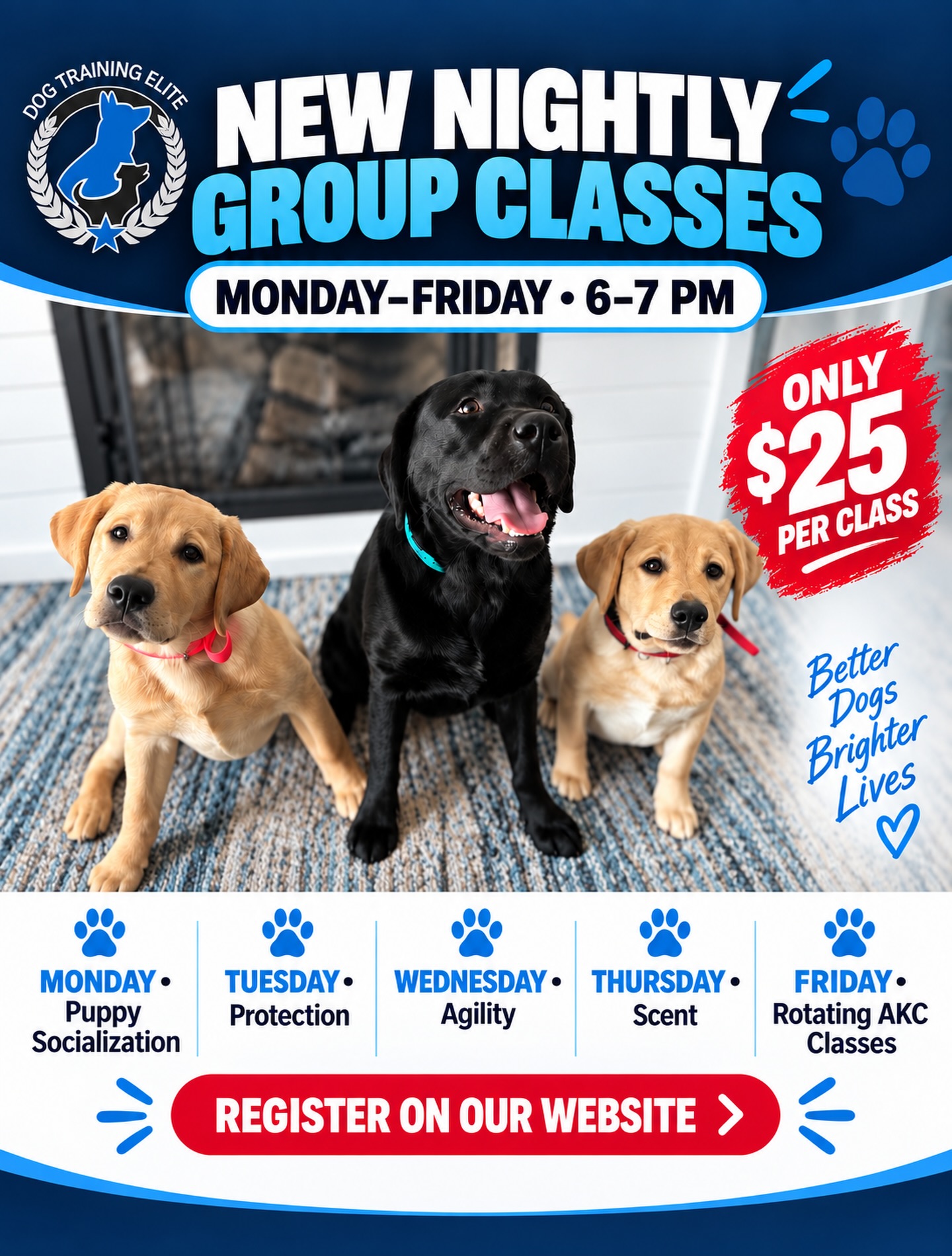 🐾 NEW NIGHTLY GROUP CLASSES&mdash;BEGINNING OCTOBER 5TH! 🐾

We&rsquo;re expanding our group-class schedule with something fun to do with your dog every weeknight&mdash;and each class is only $25! 

Monday: Puppy Socialization (Must be 16 weeks or younger)
Tuesday: Protection
Wednesday: Agility
Thursday: Scent
Friday: Rotating AKC Classes

⏰ Monday&ndash;Friday from 6:00&ndash;7:00 PM
💙 Only $25 per class
📅 Classes begin October 5th

Whether you want to build your puppy&rsquo;s confidence, give your dog a new challenge or work toward an AKC title, there&rsquo;s a class for you!

Space may be limited, so visit our website to view the schedule and reserve your spot.

Better Dogs. More freedom 

PuppySocialization DogAgility ScentWork AKCDogTraining