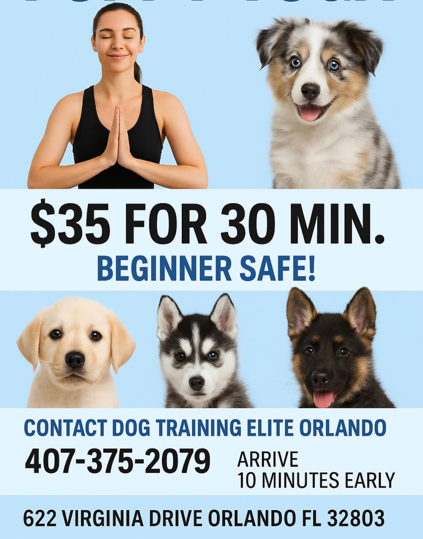 Get ready for puppy yoga!!! Spots will fill up fast. Breed announcements will be a few days before class.