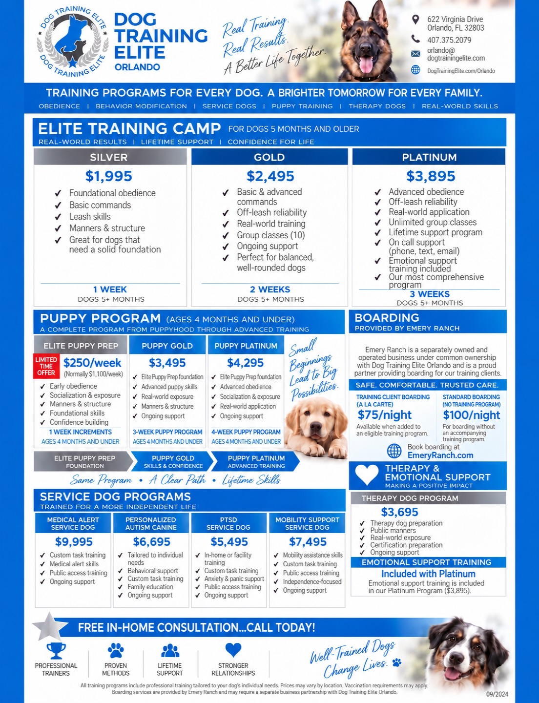 Your dog&rsquo;s best habits start with a strong foundation. 

Whether you&rsquo;re raising a new puppy or ready to make everyday life with your dog easier, our programs help build confidence, communication, and skills you can use at home and out in the world.

Swipe through the pricing in our photo to explore puppy training, obedience, advanced training, therapy dog, and service dog programs, with options for different goals and support needs. Every program is completely customizable! 

🍂 FALL PUPPY SPECIAL: $250/WEEK!
Normally $1,100/week, our Elite Puppy Prep program gives puppies ages 4 months and under a strong start with obedience, socialization, manners, and confidence.

Drop your puppy off for a day of learning, then bring them home each evening to keep building that bond. 

You&rsquo;re investing in professional training and guidance to help your dog&rsquo;s progress become part of everyday life.

📲 Ready to get started? Text us &ldquo;TRAINING&rdquo; for help choosing a program. You can also call 407-375-2079 to schedule your FREE in-facility consultation!

