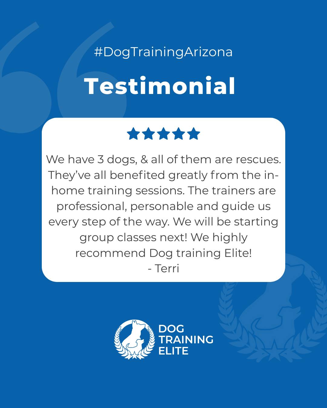 &ldquo;We have 3 dogs, & all of them are rescues. They&rsquo;ve all benefited greatly from the in- home training sessions. The trainers are professional, personable and guide us every step of the way. All of our dogs are learning at different paces, but it&rsquo;s a positive and ongoing process. We will be starting group classes next! We highly recommend Dog training Elite!
- Terri&rdquo;
Review from a happy customer 🐾

Balanced training builds confidence. At Dog Training Elite Arizona, we help dogs in Phoenix and surrounding areas overcome reactivity, anxiety, and aggression so families can enjoy peace again.

 Make better behavior your first win of the year. Book your free in-home evaluation and see why Phoenix and Mesa dog owners choose Dog Training Elite for real, lasting results.
 📍Phoenix - https://maps.app.goo.gl/YM3gnzaFHsvd5sfN8 
Gilbert - https://maps.app.goo.gl/SBSyPCWqNkwPJkop6 
West Valley - https://maps.app.goo.gl/vCnmWwR7NquE3dZMA



