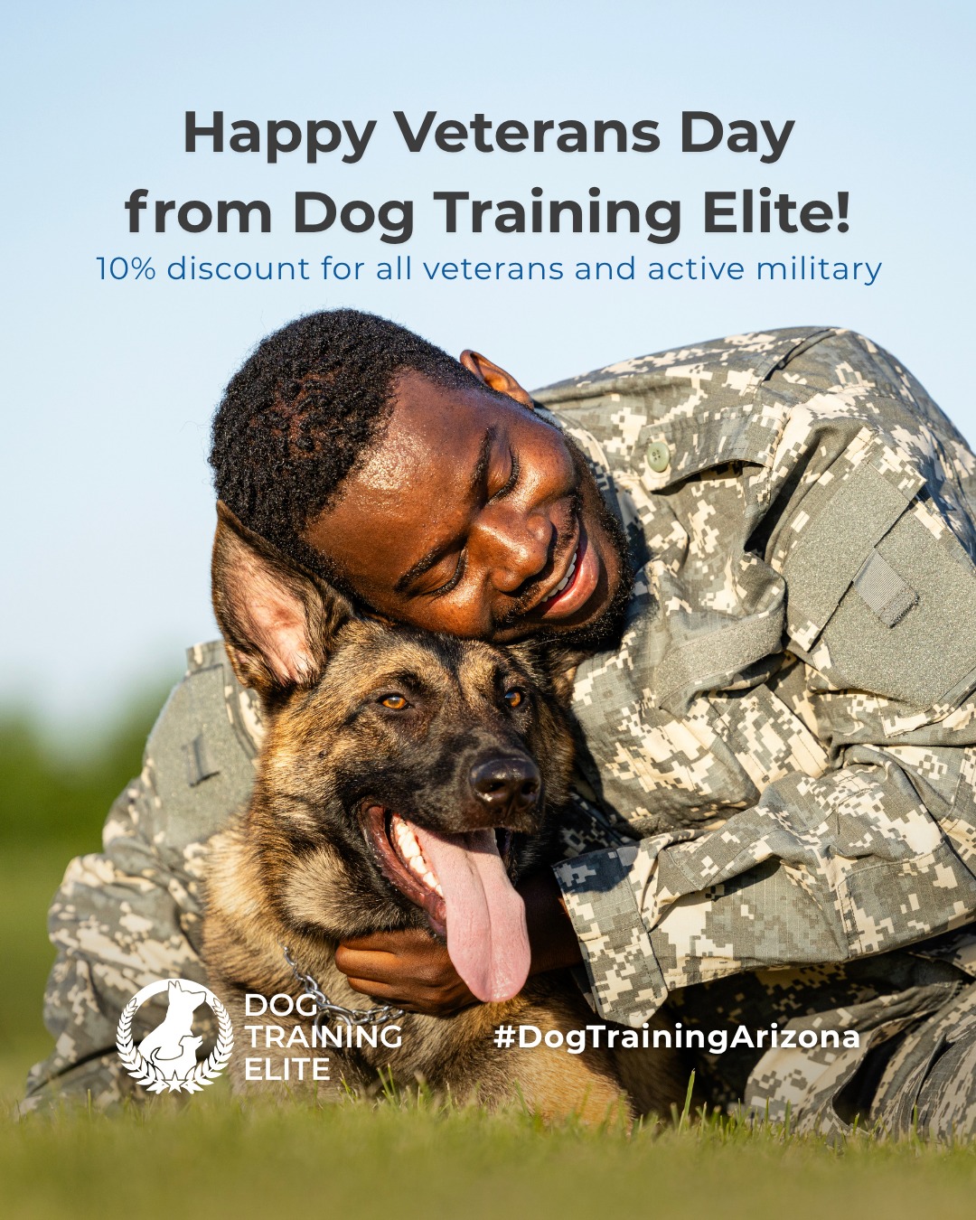 Happy Veterans Day! 🎖️ Today, we celebrate the bravery, dedication, and sacrifice of those who’ve served our nation.

Dog Training Elite Arizona is proud to give back through our specialized service dog training programs designed for military veterans. These incredible dogs provide emotional grounding, confidence, and renewed independence, helping veterans navigate life after service with strength and support.

To all who’ve served: thank you. Your courage inspires everything we do. As a small token of gratitude, we offer a 10% discount to all veterans and active-duty military members💙🐾

Ready to fall in love with a well-behaved pup? Schedule your free in-home evaluation and discover why neighbors across Phoenix, Mesa, and Scottsdale rely on Dog Training Elite. 🐶


