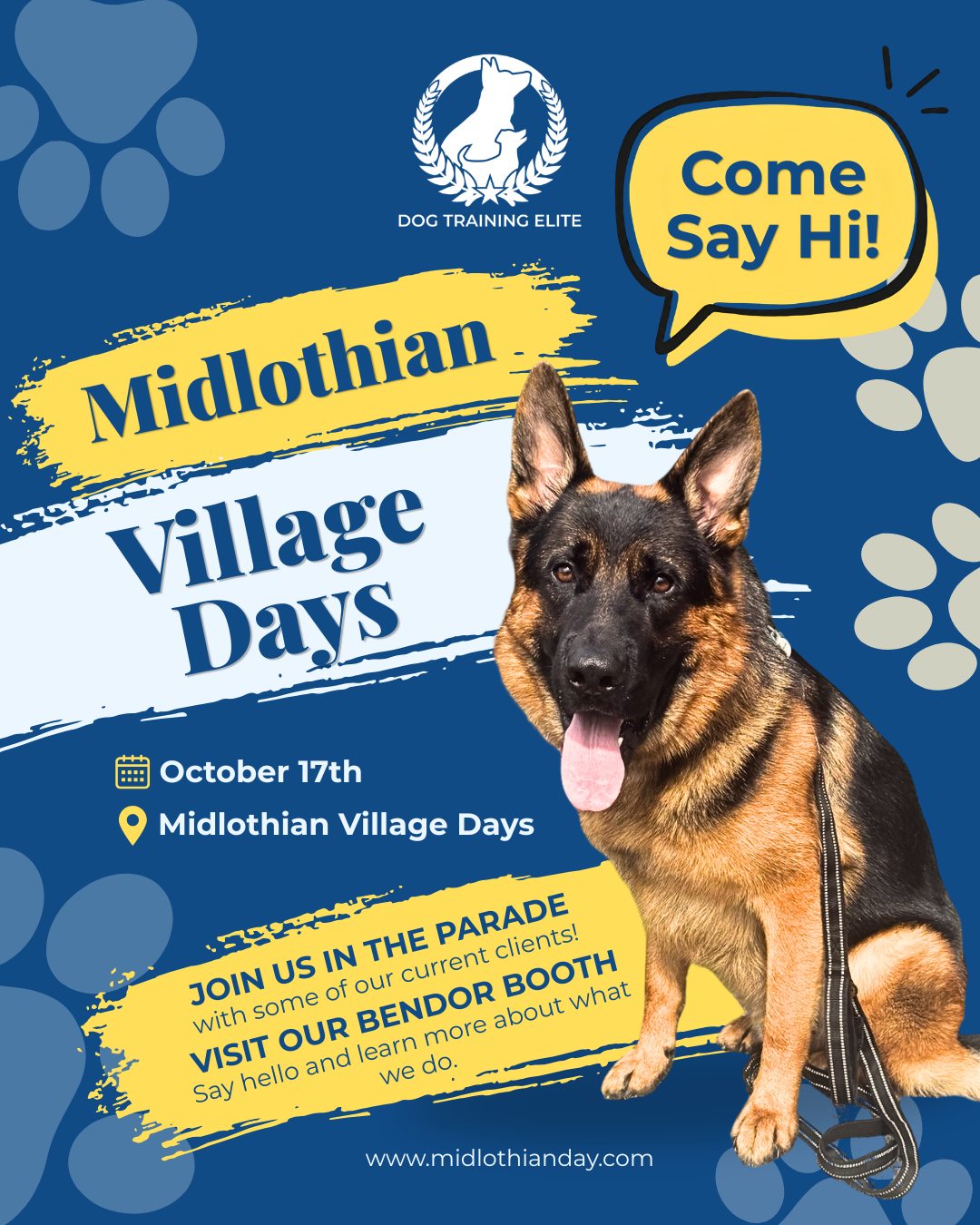 We&rsquo;re going to Midlothian Village Days!

You&rsquo;ll spot Dog Training Elite Richmond in the parade, and this year, some of our current clients and their pups will be joining us too! 🐕❤️

We&rsquo;ll also have a bendor booth, so come by, say hello, meet the team, and chat with us about all things we do.

Bring the family, bring your pup, and enjoy the day with us! We&rsquo;d love to see you there. 🐾

📅 October 17th
📍 Midlothian Village Days

👉 Check out the event details at midlothianday.com

