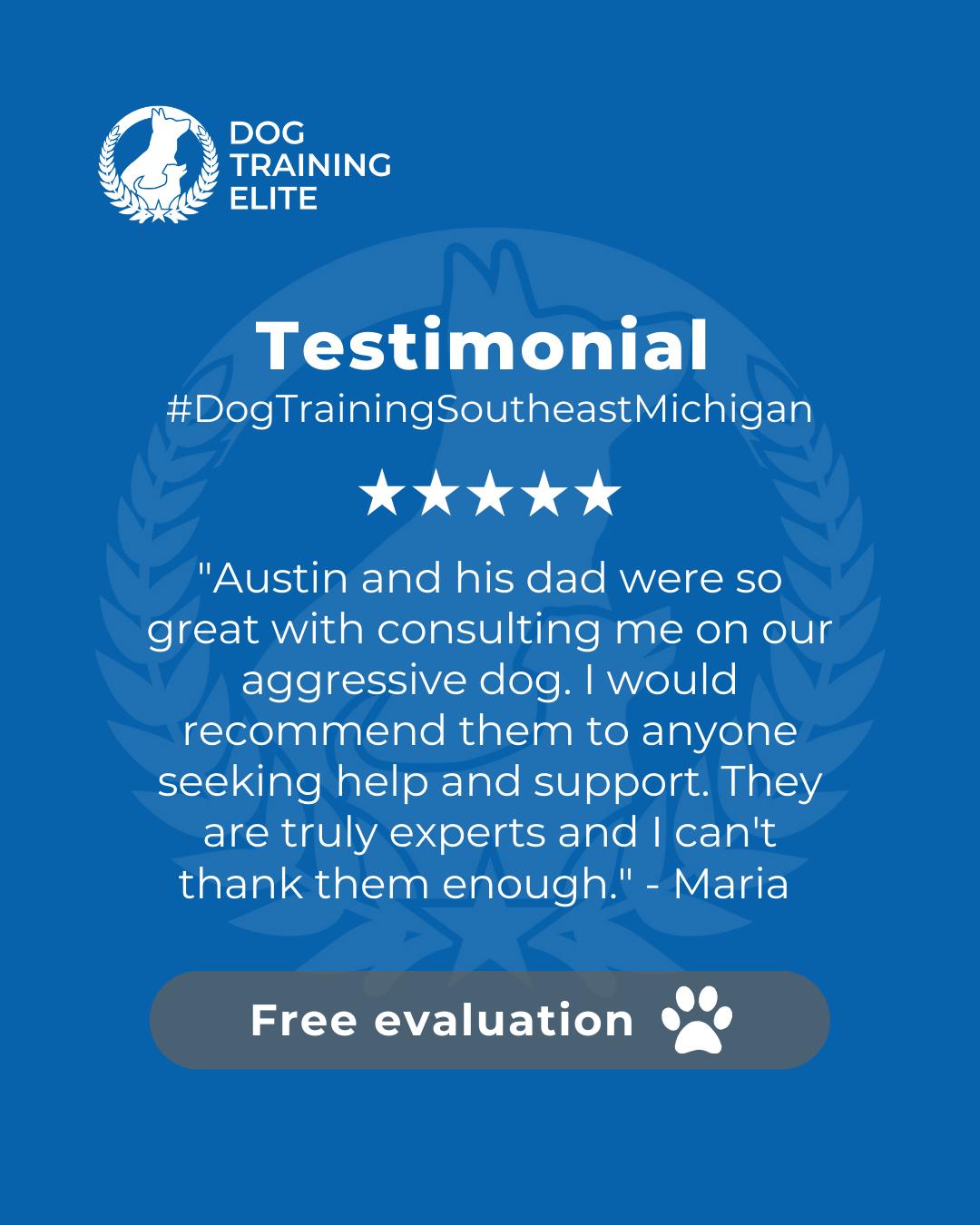 Austin and his dad were so great with consulting me on our aggressive dog. I would recommend them to anyone seeking help and support. They are truly experts and I can't thank them enough. - Maria 
Review from a happy customer 🐾

Training transformed their behavior and strengthened their bond. Discover how your dog can thrive too!

 🎉 Make better behavior your first win of the year. Book your free in-home evaluation and see why Ann Arbor Novi, and sorrounding areas' dog owners choose Dog Training Elite for real, lasting results.
 📍 https://maps.app.goo.gl/ZMJjtMfua2k49cz58

 

