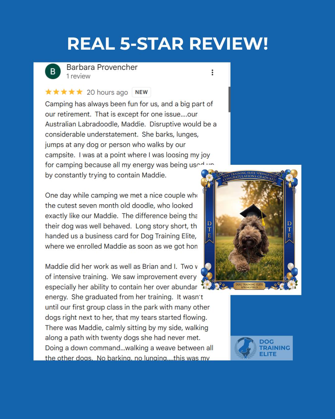 Barbara left us a five‑star review that says it better than I can: camping was supposed to be a big part of their retirement, but Maddie&rsquo;s barking, lunging, and jumping at every passerby was stealing all the joy. She was spending more energy containing her dog than enjoying her trips.

After a two‑week program and a lot of honest work from Barb and Brian, she brought Maddie to her first group class at the park. Surrounded by dogs she&rsquo;d never met, Maddie calmly sat by her side, walked the path, and even weaved between other dogs with no barking and no lunging. Barbara cried happy tears and said, &ldquo;This is my new Maddie.&rdquo;

I don&rsquo;t know whose world changed more, theirs or Maddie&rsquo;s. But I do know this is what calm dogs in real life can look like when families are willing to do the work.

If you&rsquo;re reading this and thinking, &ldquo;Our world is shrinking like that right now,&rdquo;
Text or call 417‑427‑3797 to tell us about your dog, or book a quick 10‑minute fit call here:
https://tinyurl.com/yfxd2xyj

