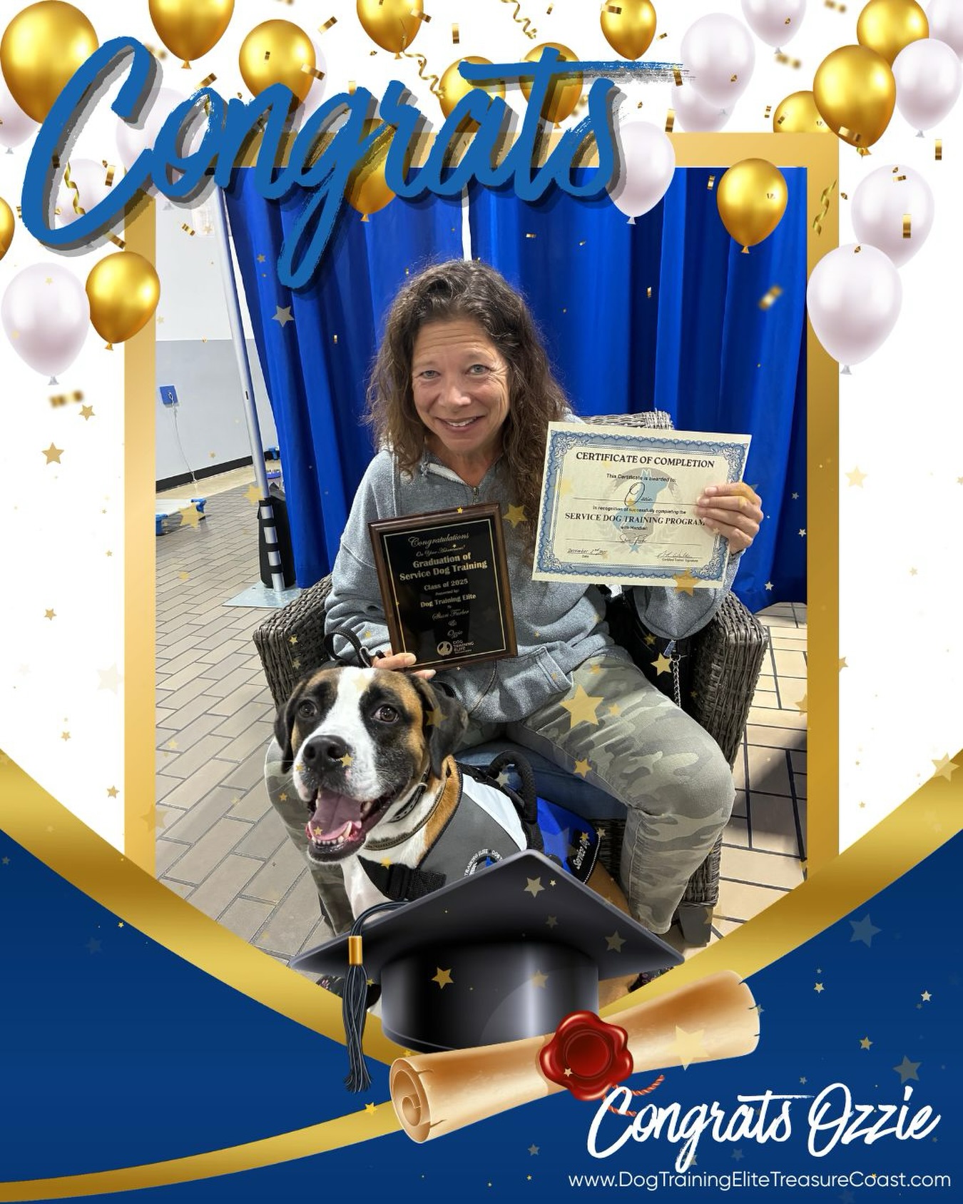 Today we celebrate Shari & Ozzie, a team that has poured their hearts into this journey.
After months of training, growth, and commitment, Ozzie has officially earned his Full DTE Service Dog Qualification! 🐾🎓

Shari 🐾 your perseverance is inspiring.

Ozzie 🐾 your loyalty and heart light up the room.

Together 🐾 you’re unstoppable.

We are honored to have walked this journey with you! 💙

