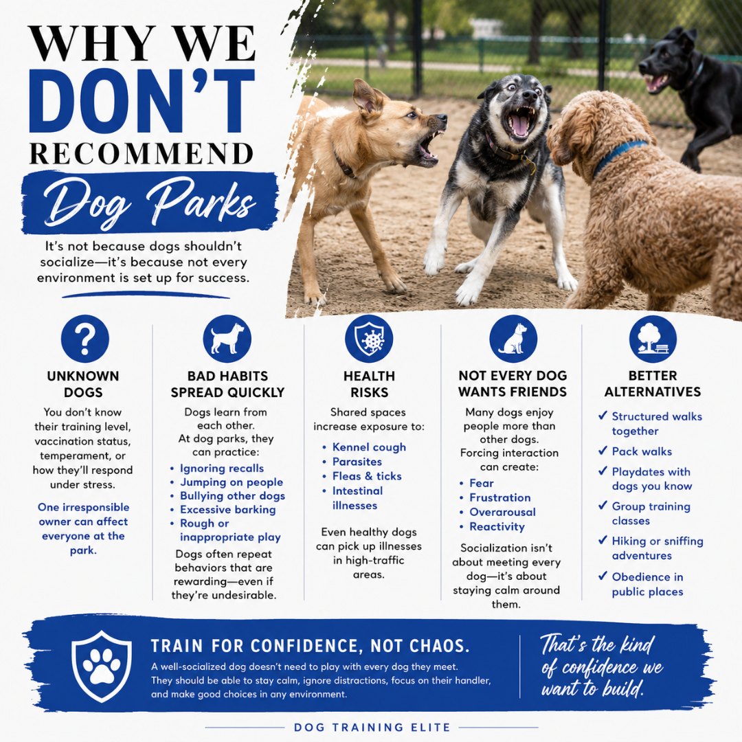 Dog parks aren't the only way to socialize your dog. 

True socialization means teaching your dog to stay calm, confident, and focused in any environment.

📅  Curious about our training programs? Contact us!
☎️ 1+ (763) 342-9250
📧 twin-cities@dogtrainingelite.com
💻https://dogtrainingelite.com/minneapolis