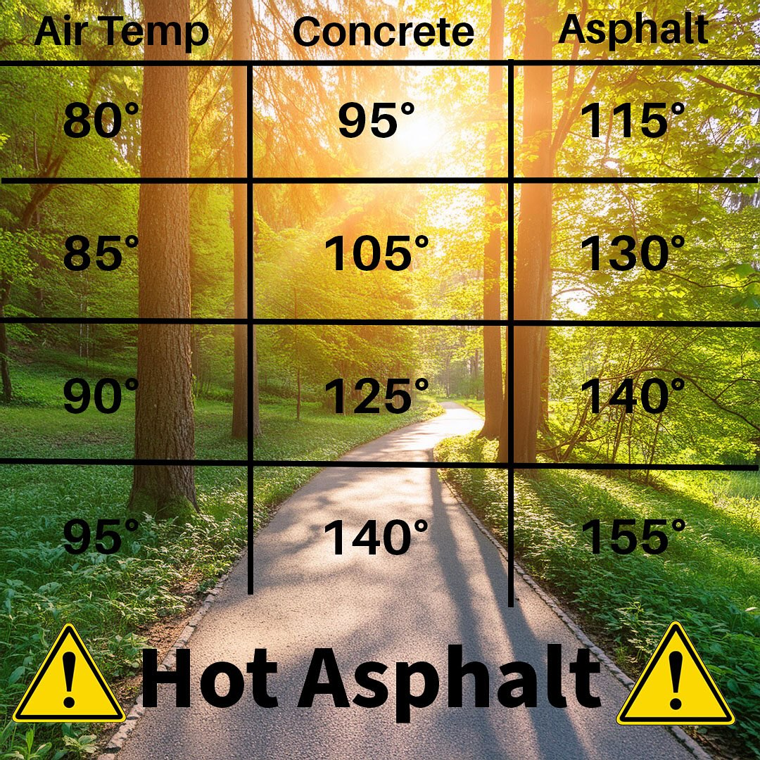 Asphalt can cause burns to your dog’s paws, and can be 40-60 degrees hotter than the air temperature. At 125 degrees skin destruction can occur with only 60 seconds of contact.
If the ground is too hot for your hand then it is too hot for your dog’s paws.