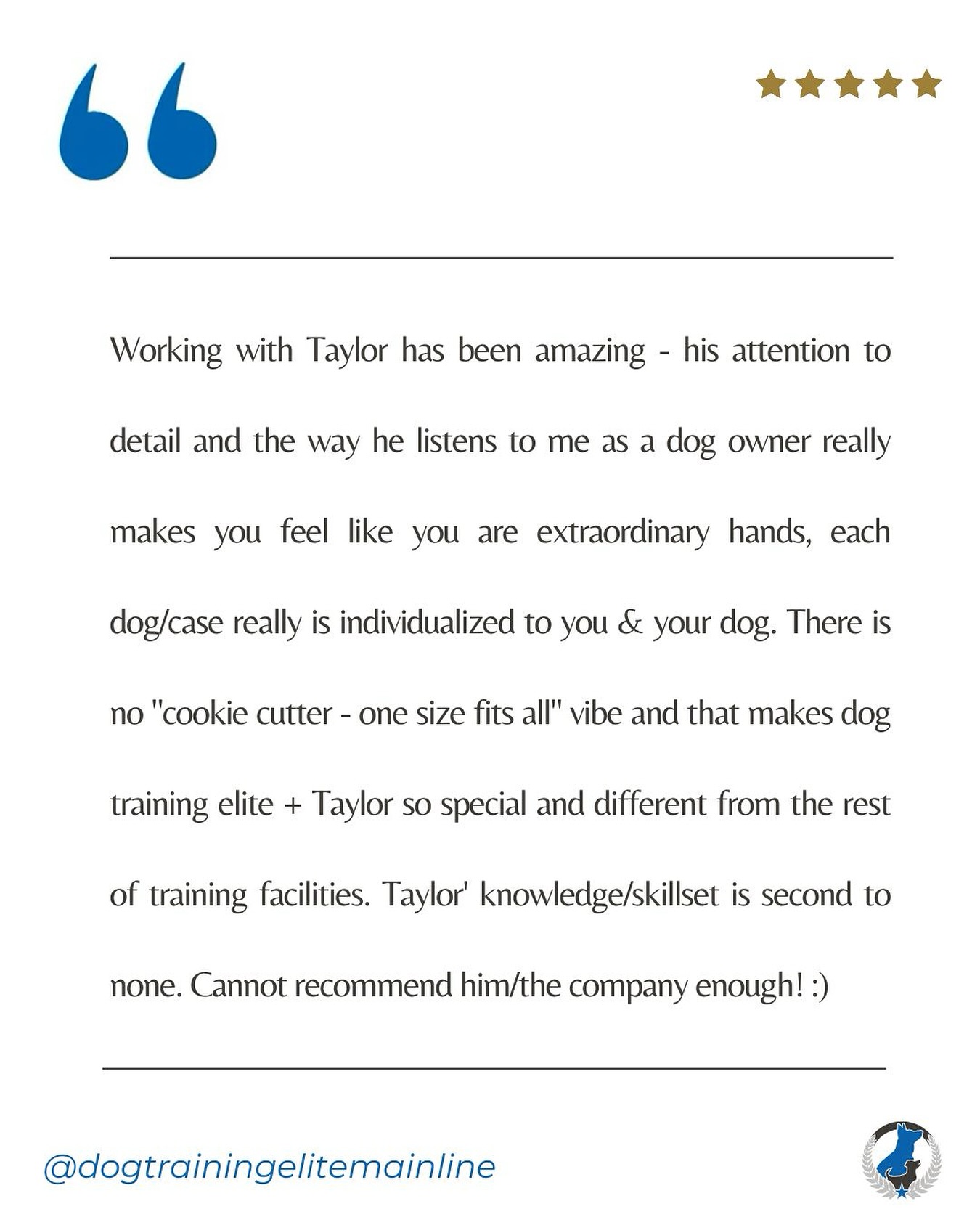 Agreed! Thank you for the kind words 🫶 At Dog Training Elite Main Line, we take the time to understand your goals and your dog’s unique personality 🦮

