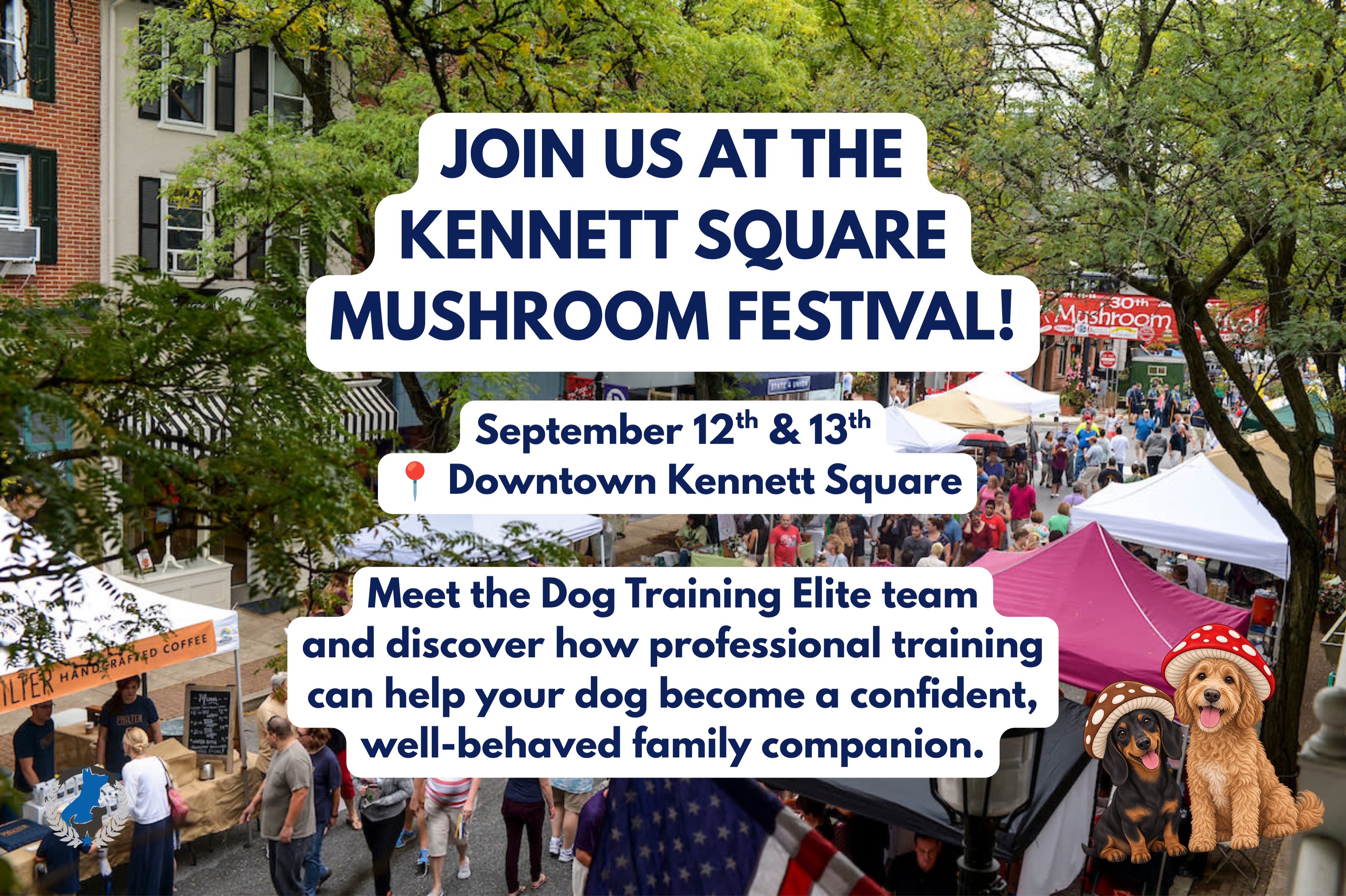THIS WEEKEND! 🎈🍄 We&rsquo;re headed to the Kennett Square Mushroom Festival, September 12-13! @themushroomfestival 

Come meet us, talk all things dog training, and discover how we can help you build better behavior and a stronger bond with your dog.

Questions? DM us or tap the link in bio to request a FREE assessment. 