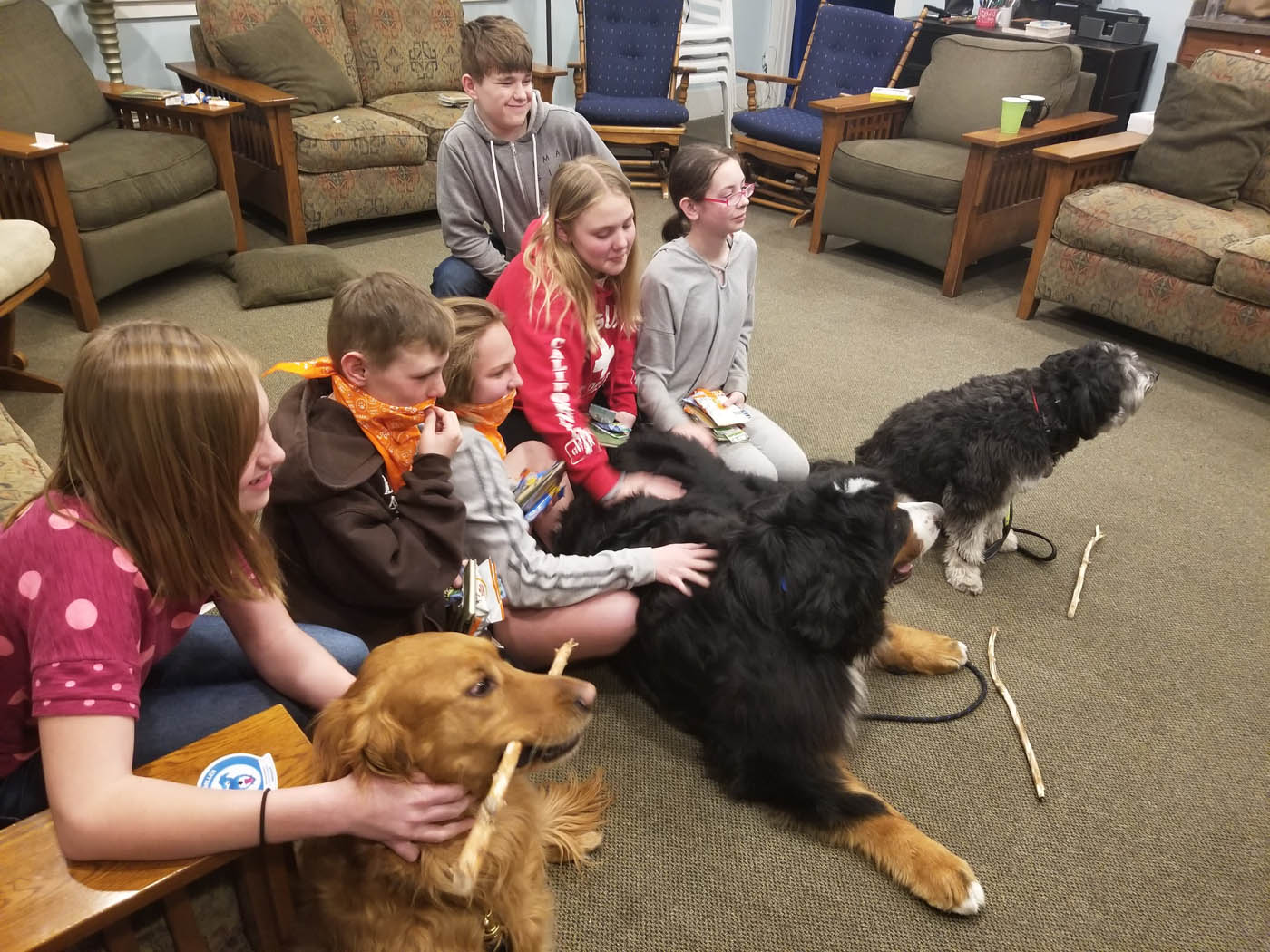 A group of kids with different therapy and support dogs.