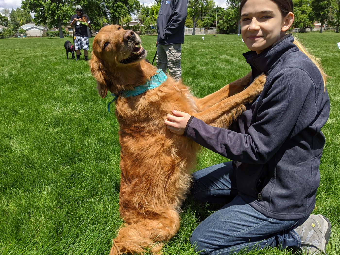 A happy, well-trained dog and their owner at an outdoor obedience class from Dog Training Elite Greater Nashville.