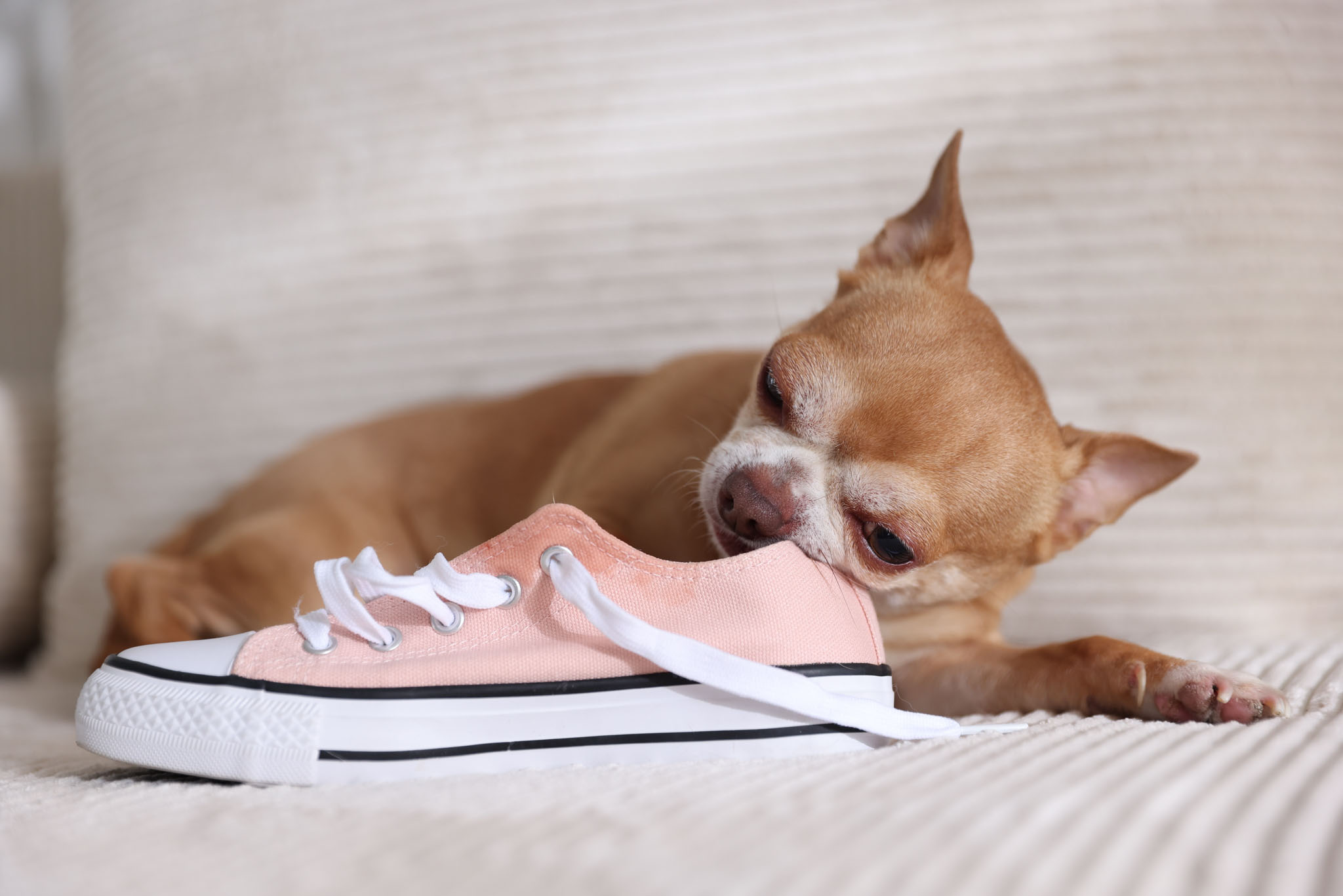 An image of a dog chewing on a shoe.